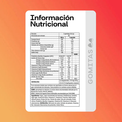 Información nutricional Multikids Gummies NewPharma vitaminas omega probióticos ingredientes 2 gomitas por porción