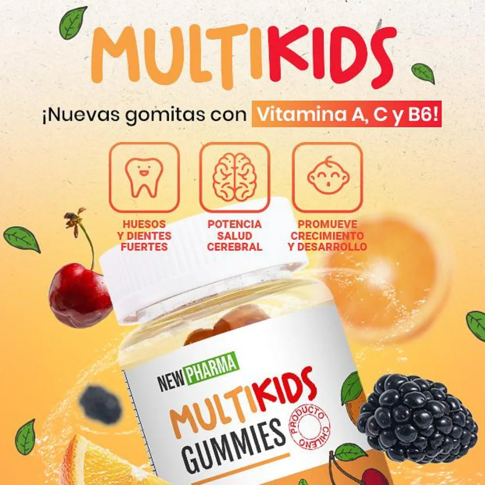Multikids Gummies NewPharma vitaminas A C y B6 huesos dientes salud cerebral y crecimiento infantil