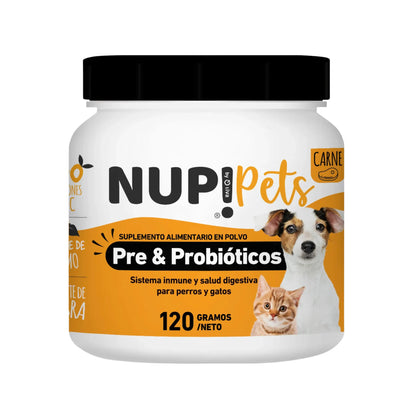 Fotografía de un frasco de suplemento alimentario en polvo para mascotas de la marca NUP! Pets. El producto está etiquetado como “Pre & Probióticos”, con sabor a carne, y está formulado para perros y gatos, promoviendo el sistema inmune y la salud digestiva. El envase contiene 120 gramos netos y muestra ilustraciones de un perro y un gato al frente.