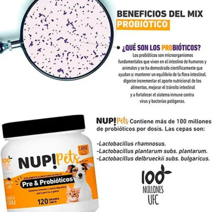 Infografía sobre beneficios del probiótico NUP! Pets con cepas específicas y frasco del suplemento para perros y gatos.
