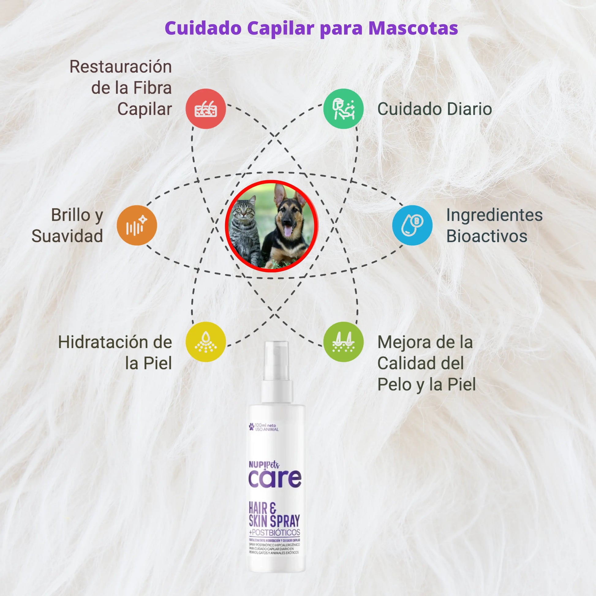 Infografía sobre NUP! Pets Care Hair & Skin Spray, un spray con postbióticos para el cuidado capilar de mascotas. Resalta beneficios como restauración de la fibra capilar, brillo y suavidad, hidratación de la piel, mejora de la calidad del pelo y la piel, ingredientes bioactivos y uso en el cuidado diario. En el centro se muestra una imagen de un perro y un gato, indicando que el producto es apto para ambos. El fondo es de pelo blanco, reforzando la idea de salud y brillo en el pelaje de las mascotas.