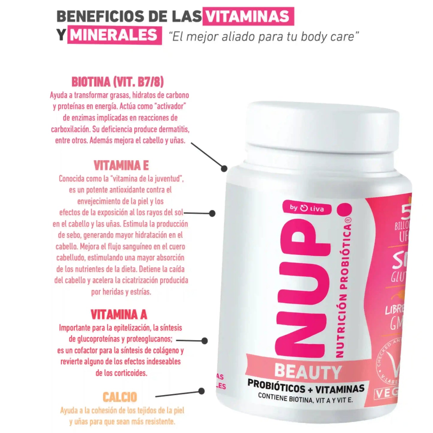 Vitaminas NUP Beauty: Biotina B7/8, Vitamina E antioxidante, Vitamina A para colágeno y Calcio para piel uñas y cabello
