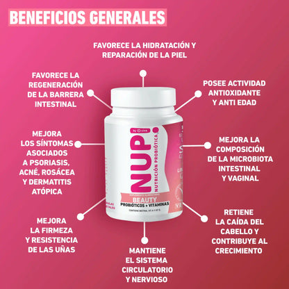 Beneficios NUP Beauty Probióticos y Vitaminas: piel, microbiota intestinal y vaginal, cabello, uñas y actividad antioxidante