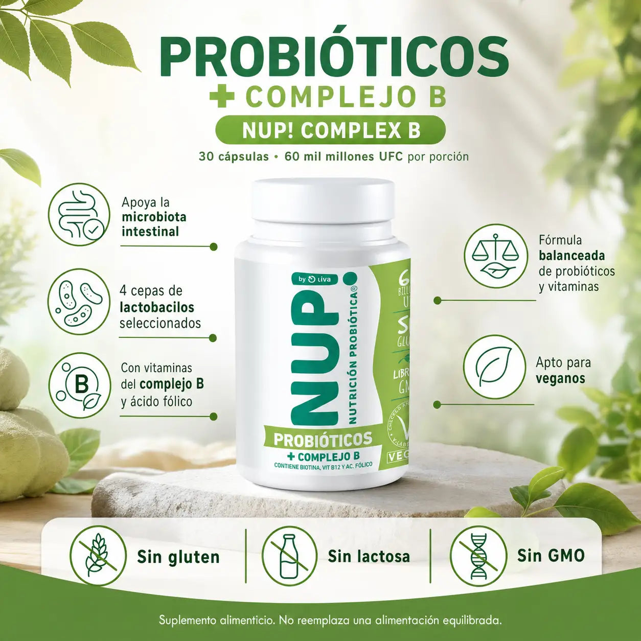 Infografía NUP Complex B probióticos 60 mil millones UFC 4 cepas complejo B ácido fólico vegano sin gluten