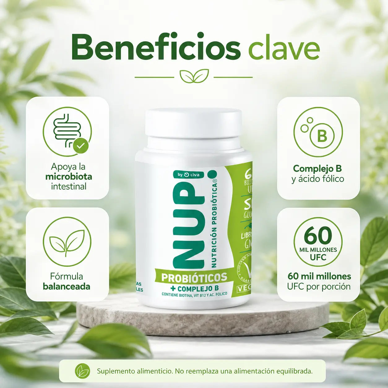 Infografía beneficios clave NUP Probióticos Complejo B microbiota intestinal ácido fólico 60 billones UFC