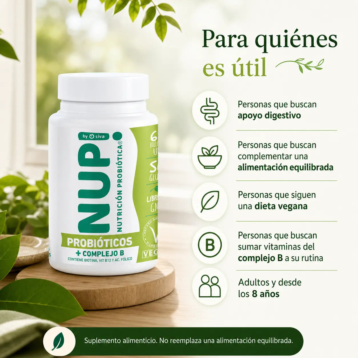 Infografía para quiénes es útil NUP Probióticos Complejo B apoyo digestivo veganos vitaminas B desde 8 años