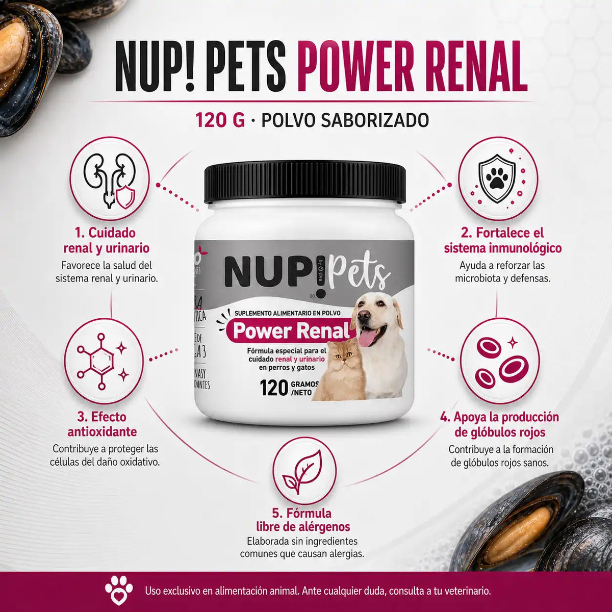 Infografía NUP Pets Power Renal 120g polvo salud renal urinaria inmunidad antioxidante perros y gatos