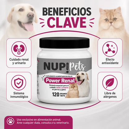 Infografía beneficios clave NUP Pets Power Renal cuidado renal urinario inmunidad antioxidante libre de alérgenos