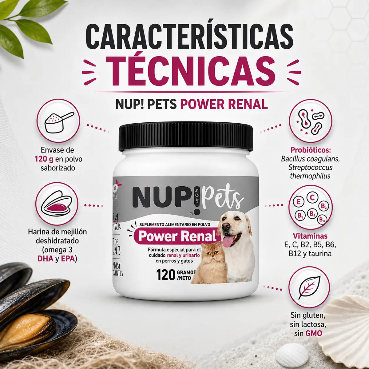 Características técnicas NUP Pets Power Renal 120g mejillón DHA EPA probióticos vitaminas B C E taurina