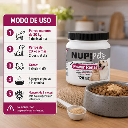 Modo de uso NUP Pets Power Renal dosis por peso perros y gatos agregar polvo a la comida supervisión veterinaria