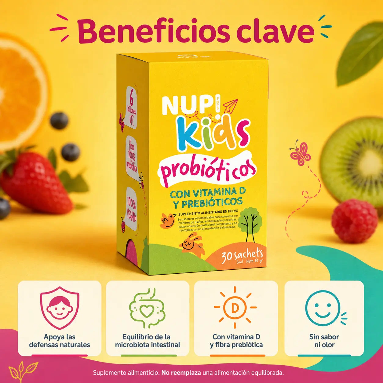 Infografía beneficios clave NUP Kids Probióticos defensas microbiota intestinal vitamina D fibra prebiótica sin sabor