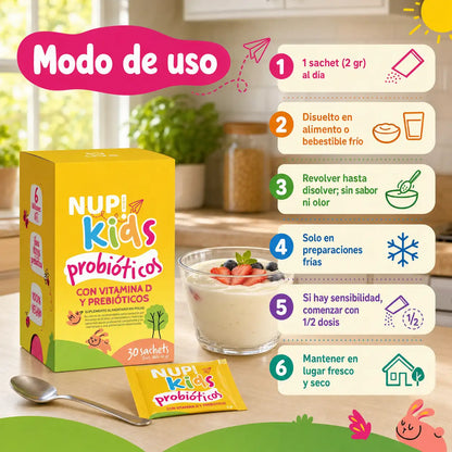 Modo de uso NUP Kids Probióticos 1 sachet diario disuelto en alimento frío sin sabor ni olor lugar fresco