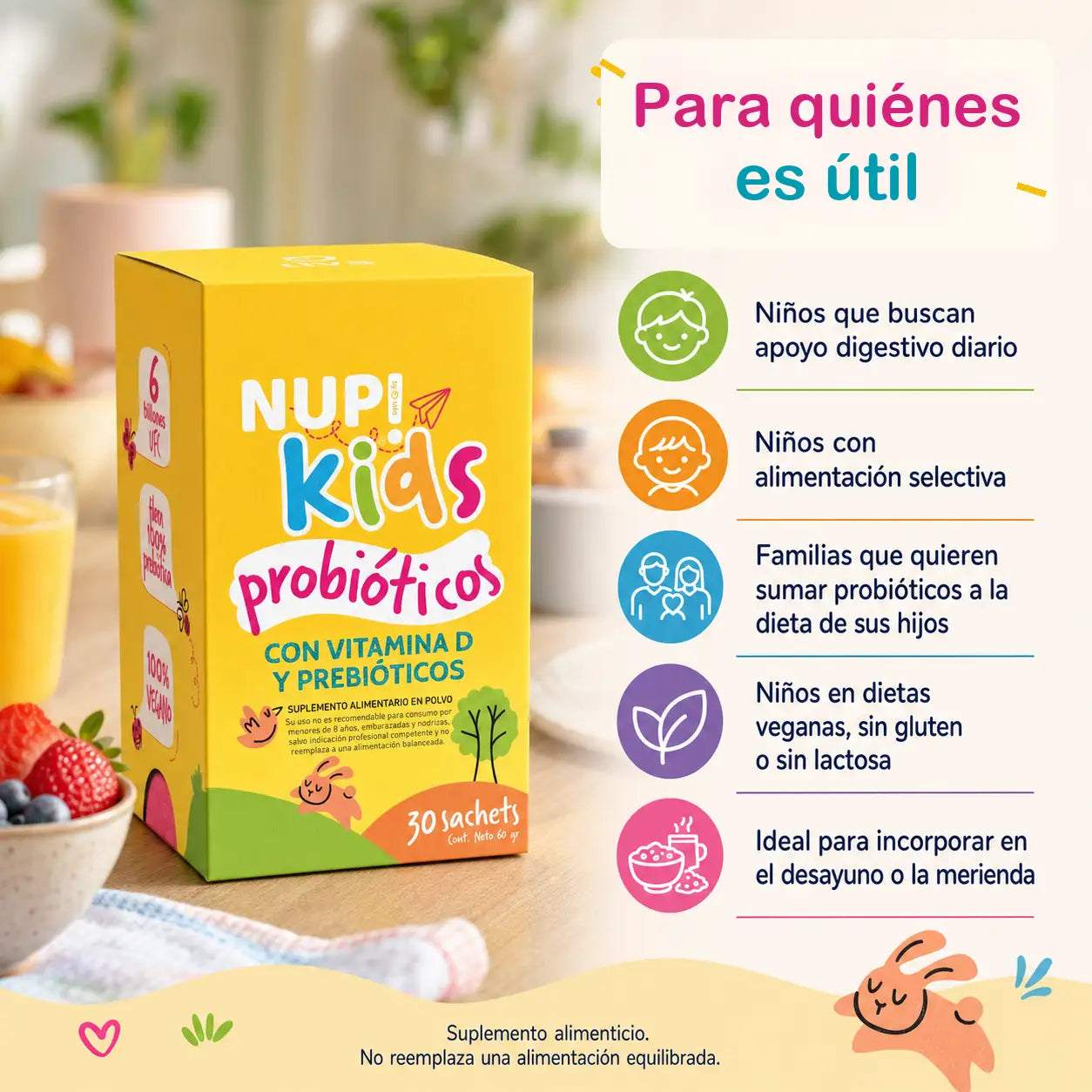 Infografía para quiénes es útil NUP Kids Probióticos niños digestión alimentación selectiva veganos sin gluten