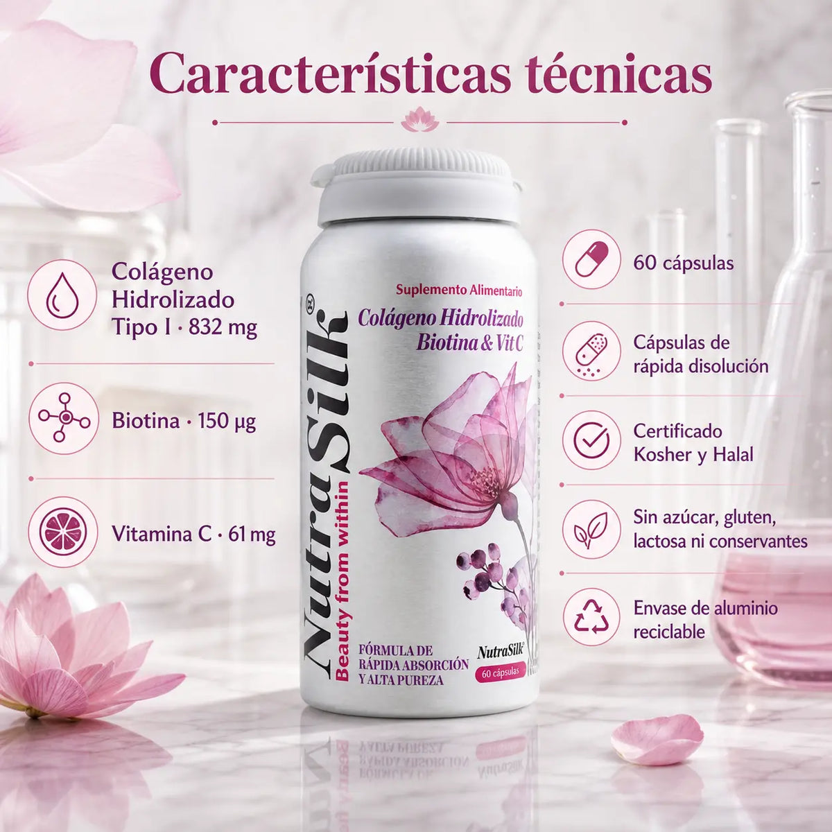 Características técnicas NutraSilk Colágeno Tipo I 832mg Biotina 150mcg Vitamina C 61mg 60 cápsulas Kosher Halal
