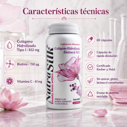 Características técnicas NutraSilk Colágeno Tipo I 832mg Biotina 150mcg Vitamina C 61mg 60 cápsulas Kosher Halal