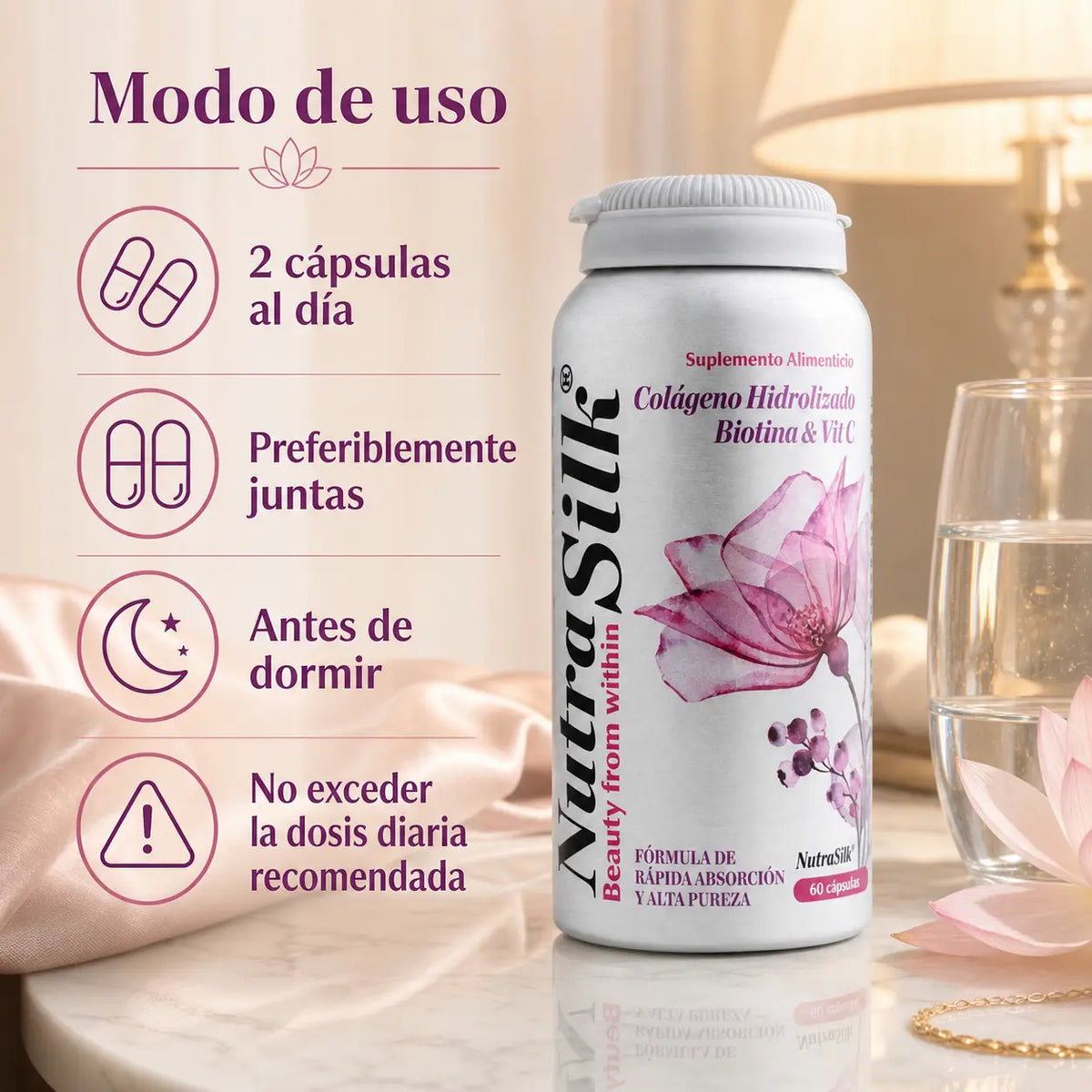 Modo de uso NutraSilk Colágeno Hidrolizado 2 cápsulas diarias juntas antes de dormir no exceder dosis
