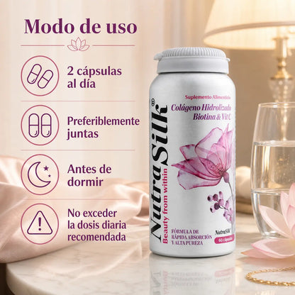 Modo de uso NutraSilk Colágeno Hidrolizado 2 cápsulas diarias juntas antes de dormir no exceder dosis
