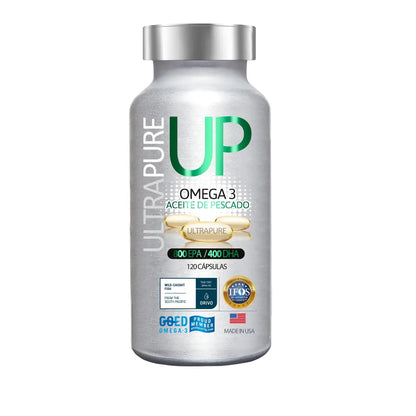 Frasco de suplemento alimenticio Ultrapure UP Omega 3 de aceite de pescado. Contiene 120 cápsulas con 800 mg de EPA y 400 mg de DHA. Etiquetas destacadas: alta pureza, certificaciones IFOS, GOED y Orivo, producto fabricado en EE. UU.