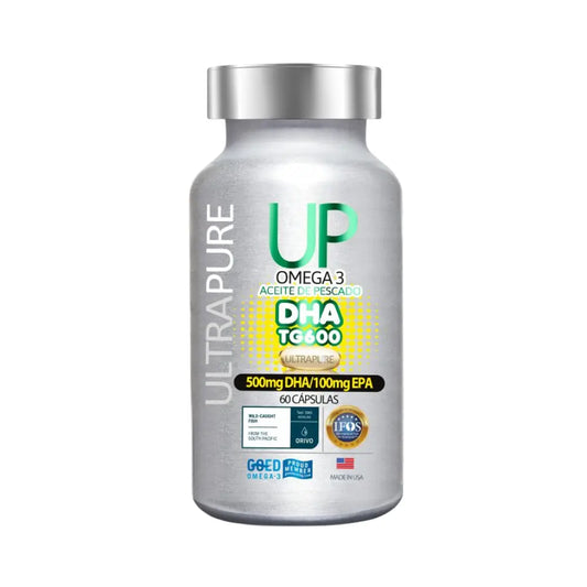 Frasco plateado de suplemento Omega 3 UP UltraPure DHA TG600 con 60 cápsulas blandas. Contiene 500 mg de DHA y 100 mg de EPA por cápsula. Etiqueta con certificaciones de calidad IFOS, ORIVO y GOED Omega-3, además de sello de producto hecho en EE.UU.