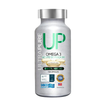 Frasco plateado de suplemento Omega 3 UP UltraPure con 150 cápsulas de aceite de pescado. Contiene 800 mg de EPA y 400 mg de DHA por porción, con certificaciones de pureza y procedencia, fabricado en Estados Unidos.