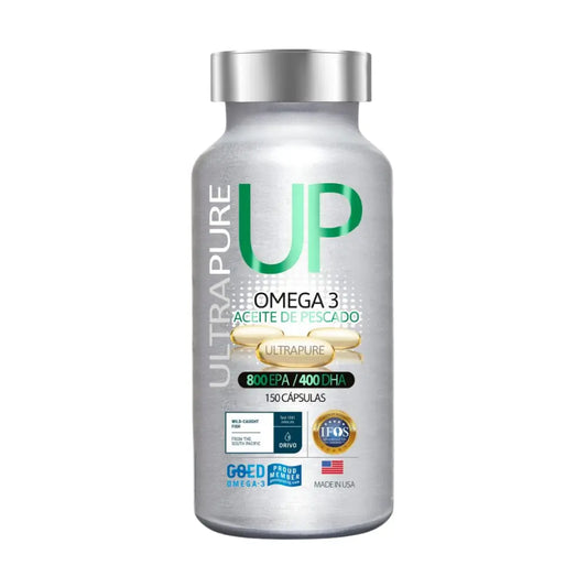 Frasco plateado de suplemento Omega 3 UP UltraPure con 150 cápsulas de aceite de pescado. Contiene 800 mg de EPA y 400 mg de DHA por porción, con certificaciones de pureza y procedencia, fabricado en Estados Unidos.
