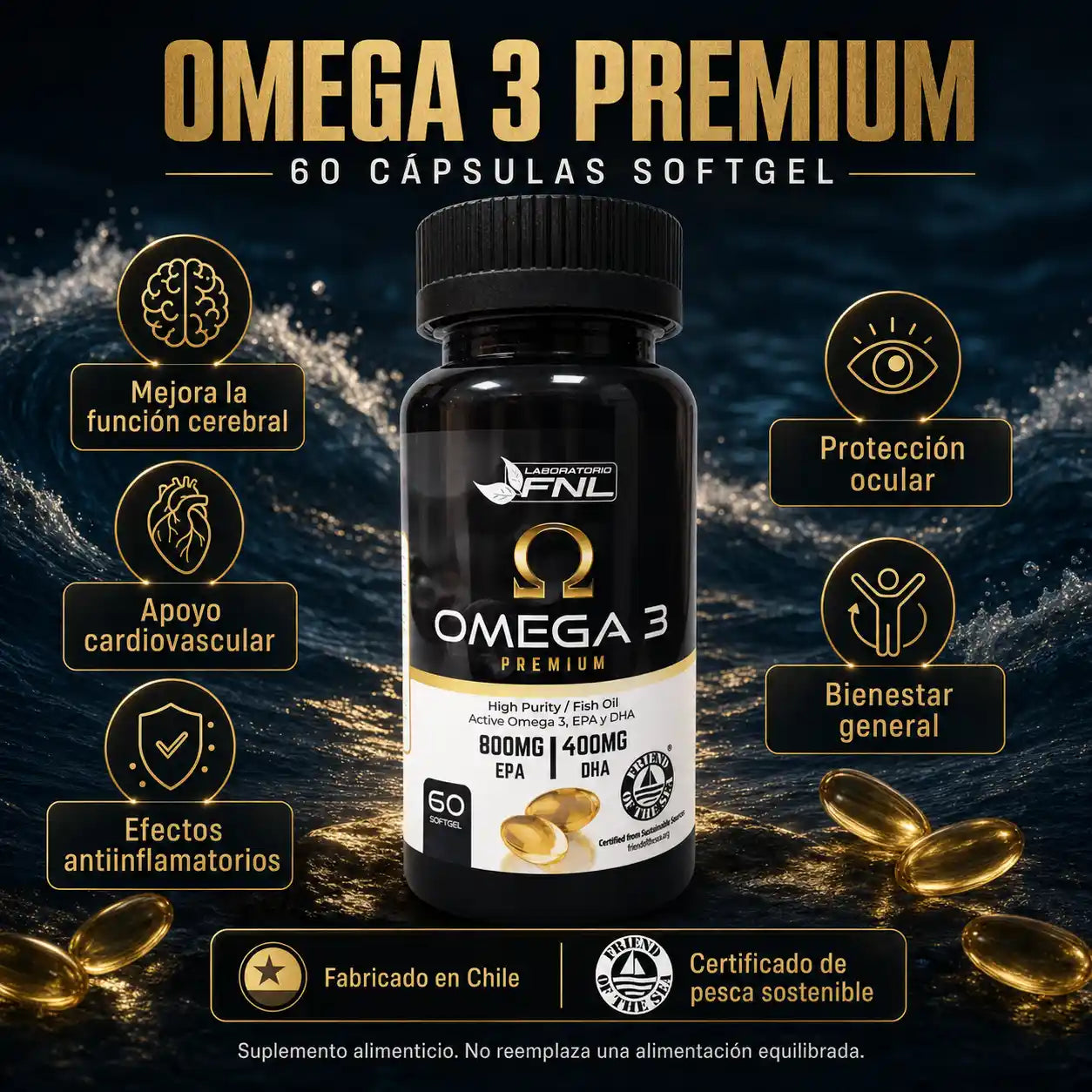 Infografía Omega 3 Premium FNL 800mg EPA 400mg DHA 60 softgel cerebro corazón antiinflamatorio fabricado en Chile