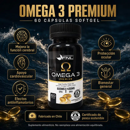 Infografía Omega 3 Premium FNL 800mg EPA 400mg DHA 60 softgel cerebro corazón antiinflamatorio fabricado en Chile