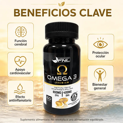 Infografía beneficios clave Omega 3 Premium FNL función cerebral corazón antiinflamatorio protección ocular