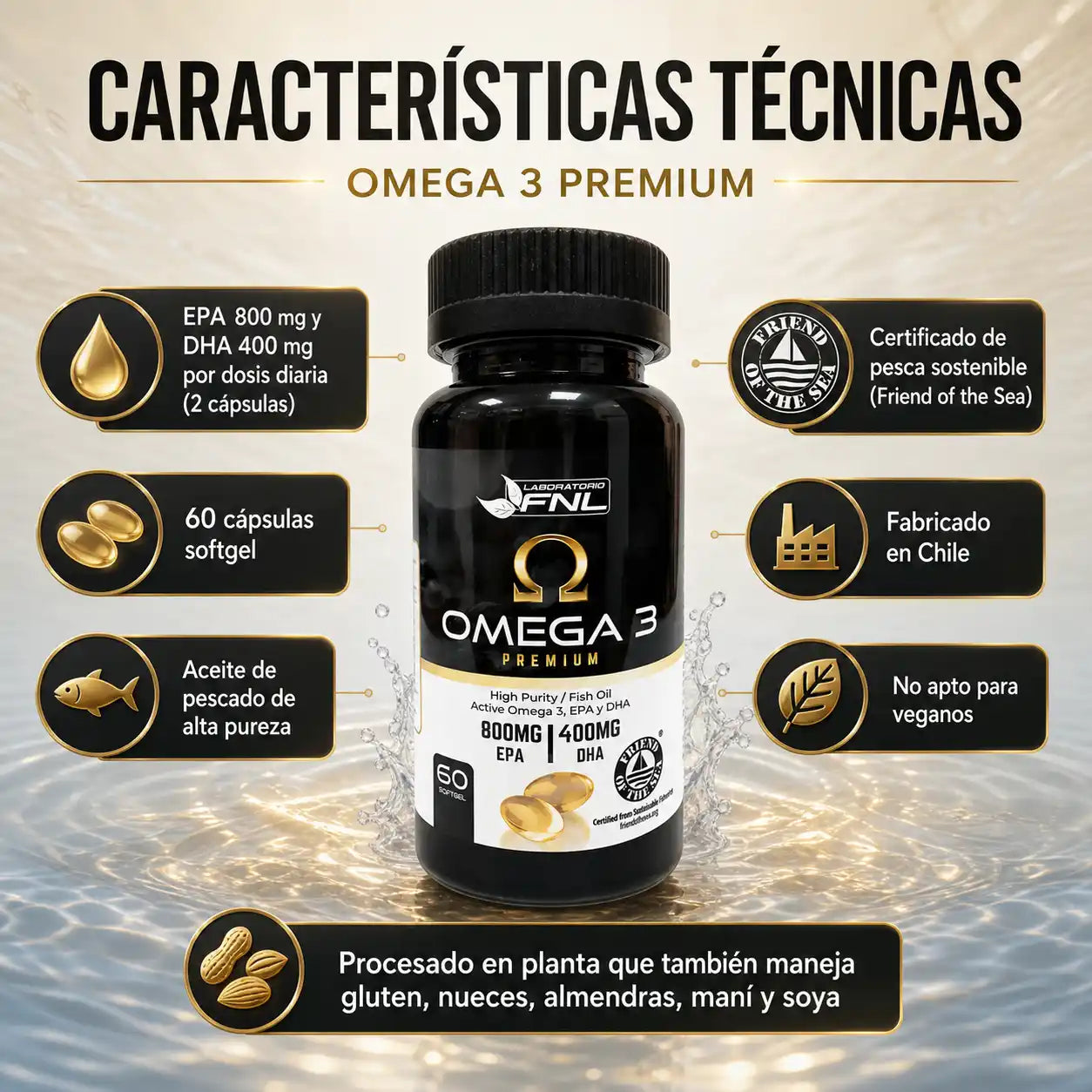 Características técnicas Omega 3 Premium FNL 800mg EPA 400mg DHA 60 softgel aceite pescado alta pureza Chile
