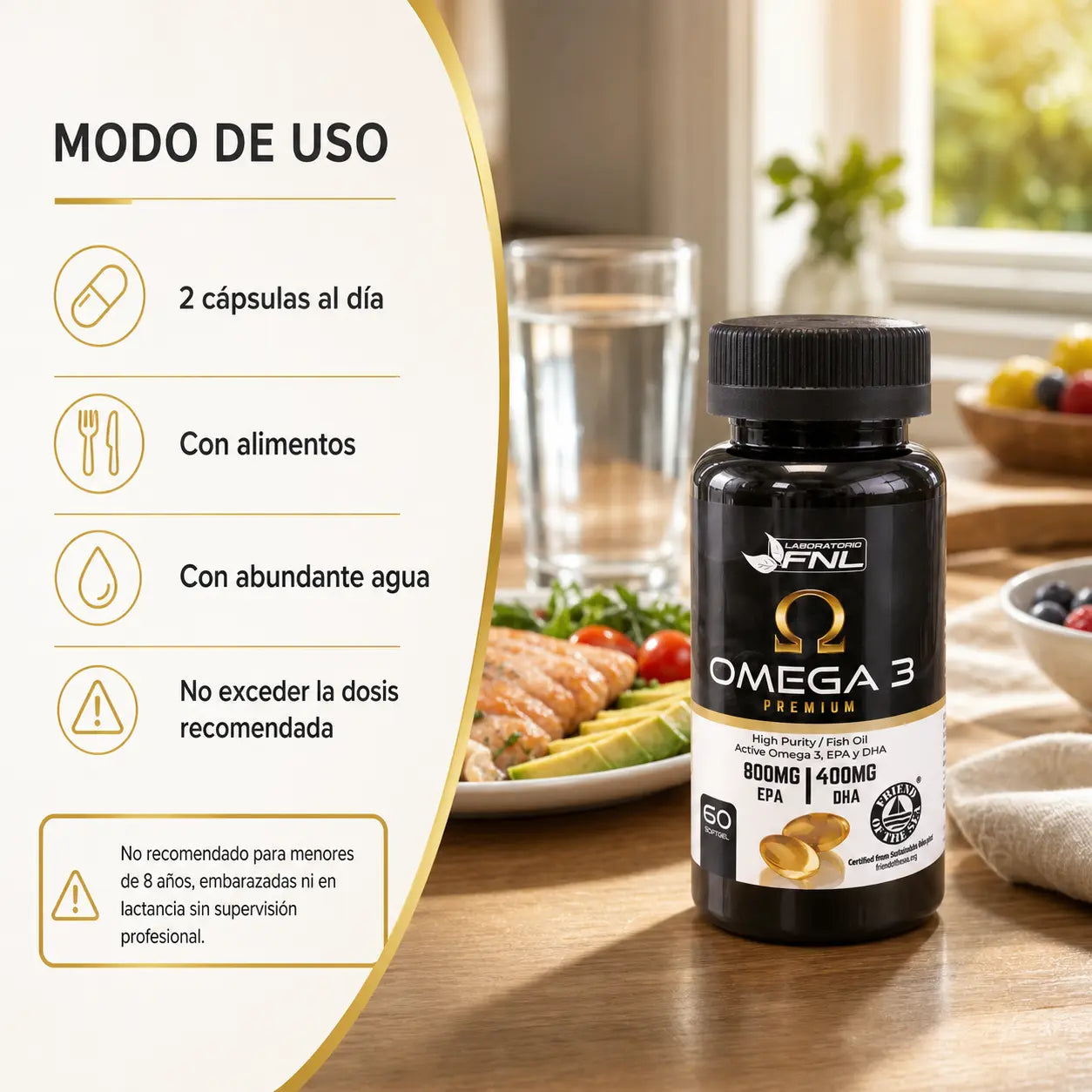 Alt text:
Modo de uso Omega 3 Premium FNL 2 cápsulas diarias con alimentos y abundante agua no exceder dosis