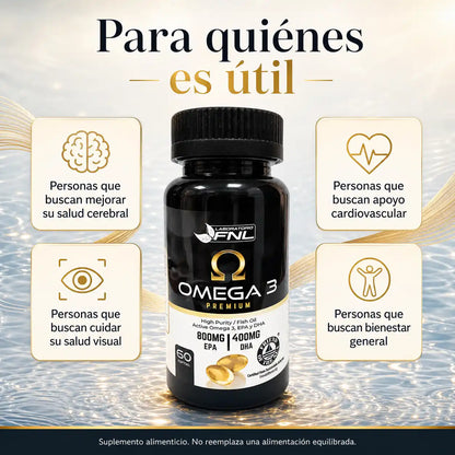 Infografía para quiénes es útil Omega 3 Premium FNL salud cerebral cardiovascular visual y bienestar general
