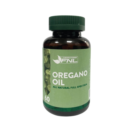 Frasco de suplemento alimentario Oregano Oil de Laboratorio FNL, etiqueta verde con texto “All Natural Full Spectrum”. Contiene 60 cápsulas. Producto natural en envase de vidrio ámbar con tapa verde, diseñado para apoyar la salud con extracto de orégano.