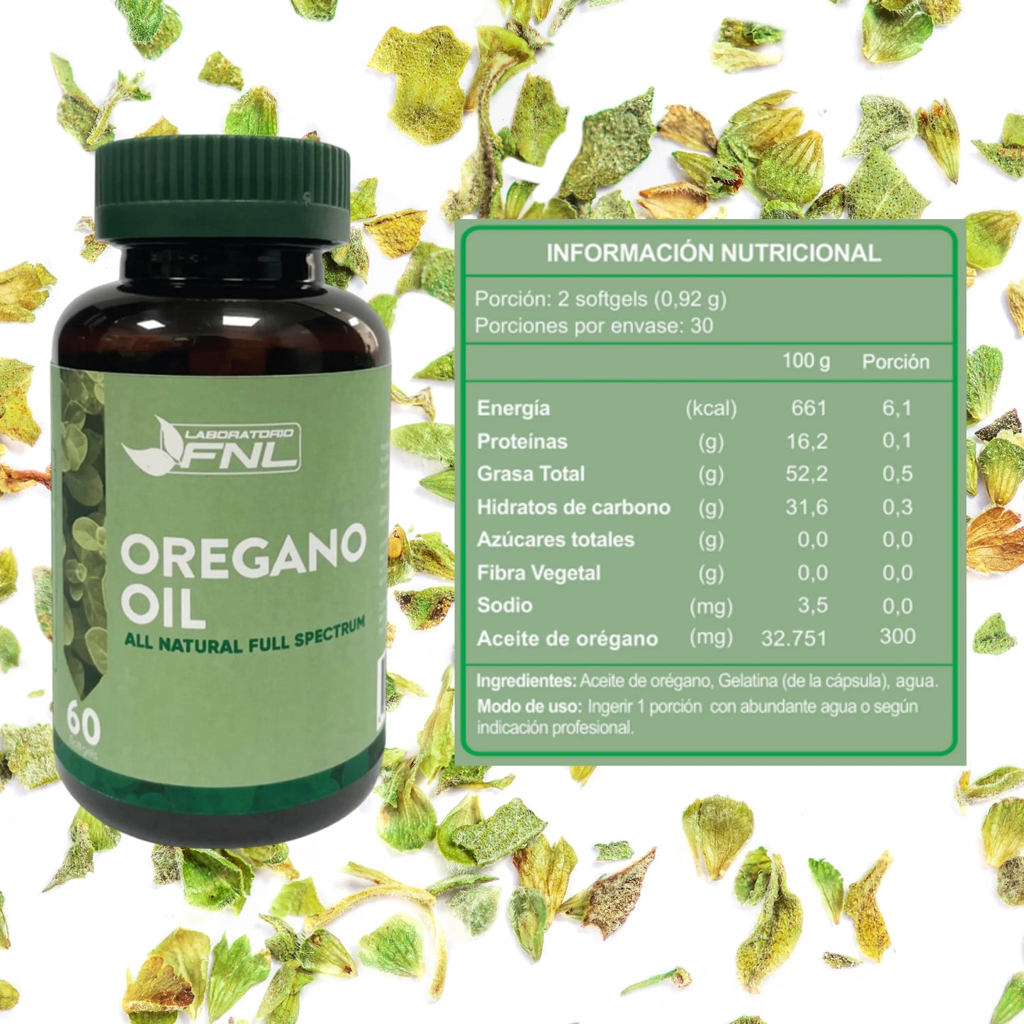 Frasco de suplemento Oregano Oil de Laboratorio FNL, 60 cápsulas softgel. A la derecha, tabla nutricional destacando aporte por porción (2 softgels): 300 mg de aceite de orégano, 6,1 kcal, 0,1 g proteínas, 0,5 g grasas, sin azúcares ni fibra. Fondo decorado con hojas secas de orégano.