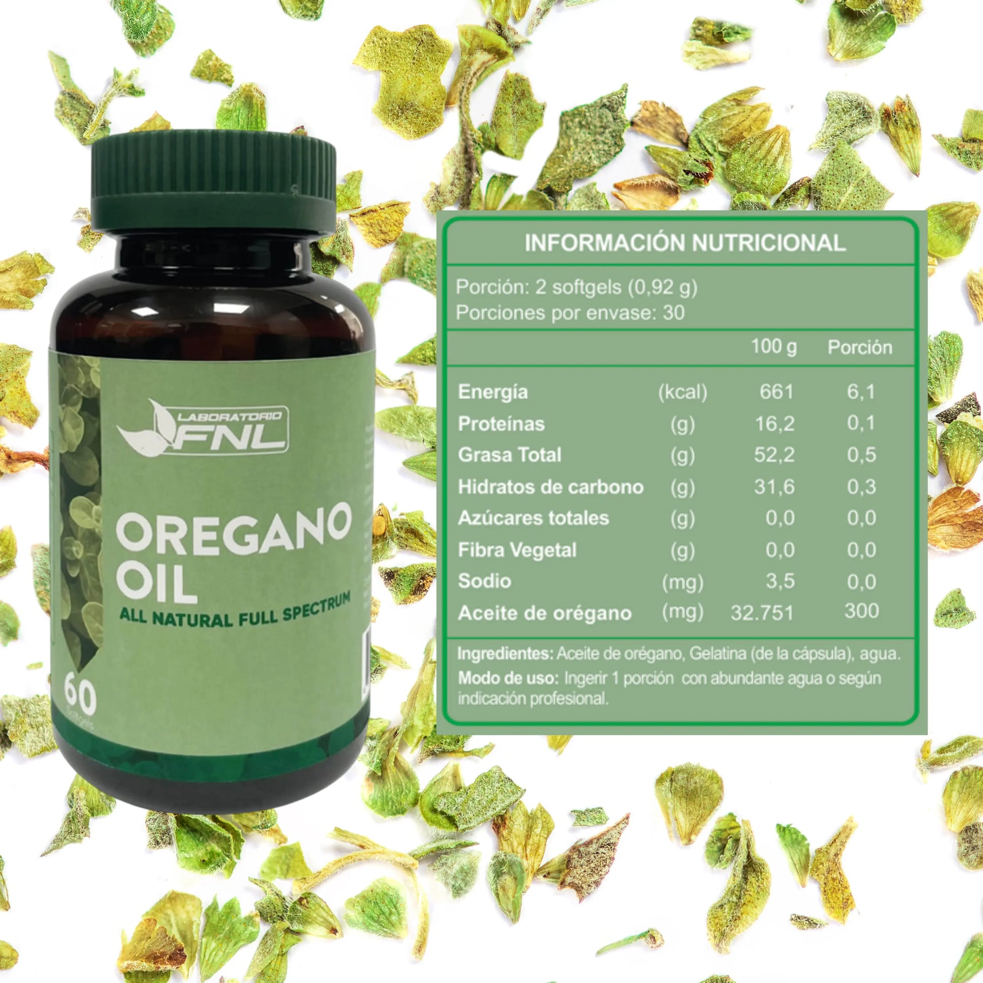 Frasco de suplemento Oregano Oil de Laboratorio FNL, 60 cápsulas softgel. A la derecha, tabla nutricional destacando aporte por porción (2 softgels): 300 mg de aceite de orégano, 6,1 kcal, 0,1 g proteínas, 0,5 g grasas, sin azúcares ni fibra. Fondo decorado con hojas secas de orégano.