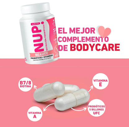 NUP Beauty Probióticos 5 billones UFC con Biotina B7/8, Vitamina A y Vitamina E cápsulas vegetales para piel y cabello