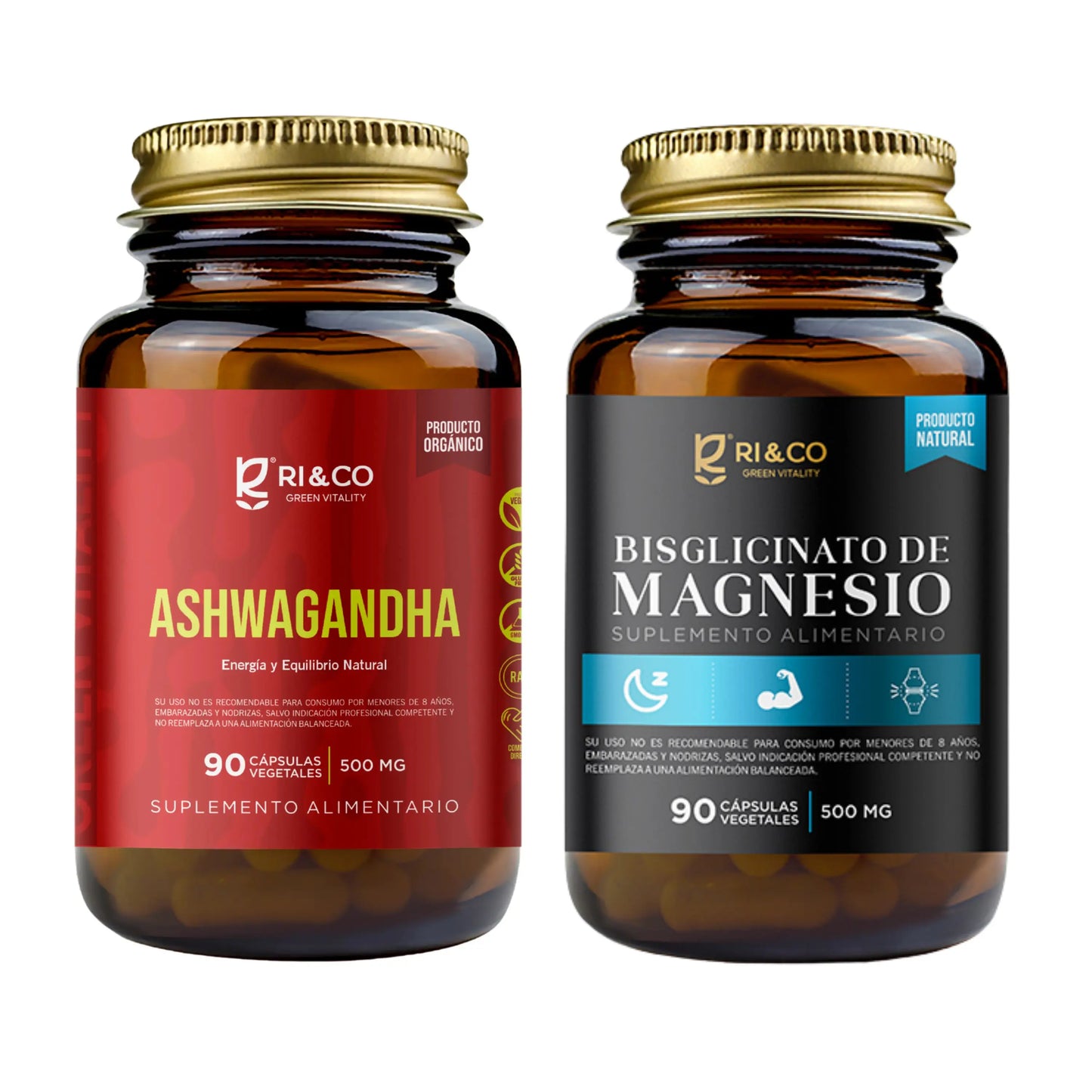 Pack Frascos de suplementos RI&CO: Ashwagandha y Bisglicinato de Magnesio, ambos con 90 cápsulas vegetales.