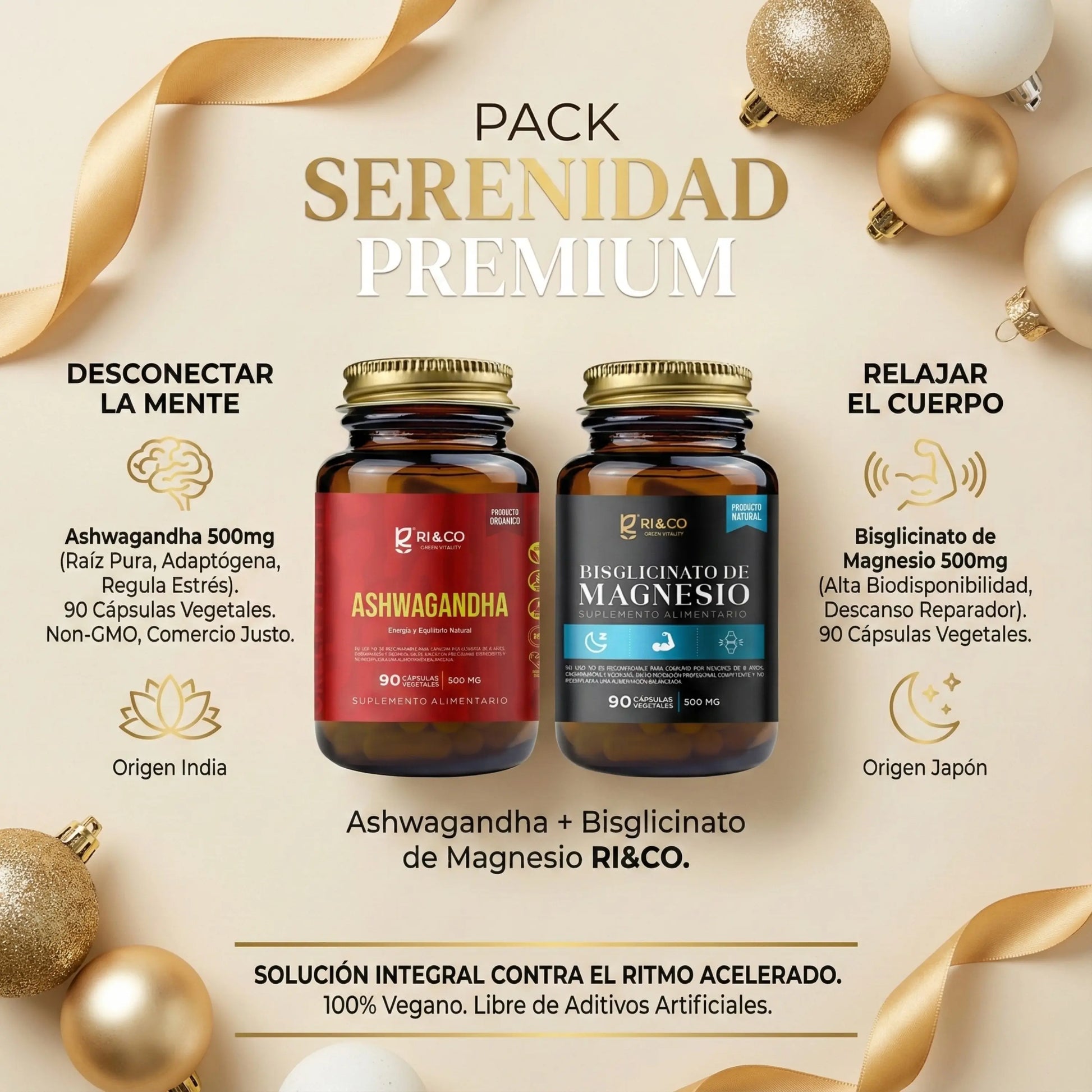 Pack Serenidad Premium RI&CO con Ashwagandha y Magnesio Bisglicinato, ideal para estrés y descanso reparador.