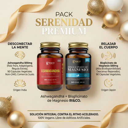 Pack Serenidad Premium RI&CO con Ashwagandha y Magnesio Bisglicinato, ideal para estrés y descanso reparador.