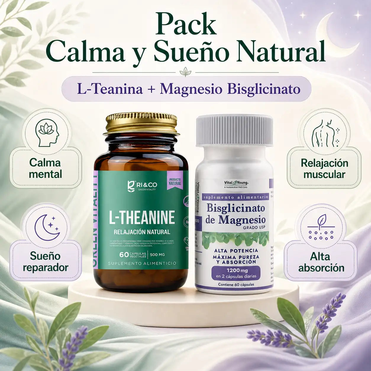 Beneficios Pack Calma y Sueño Natural L-Teanina RI&CO y Magnesio Bisglicinato Vital Young calma sueño reparador