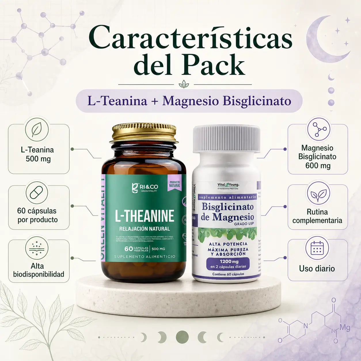 Características Pack L-Teanina 500mg RI&CO y Magnesio Bisglicinato 600mg Vital Young 60 cápsulas cada uno