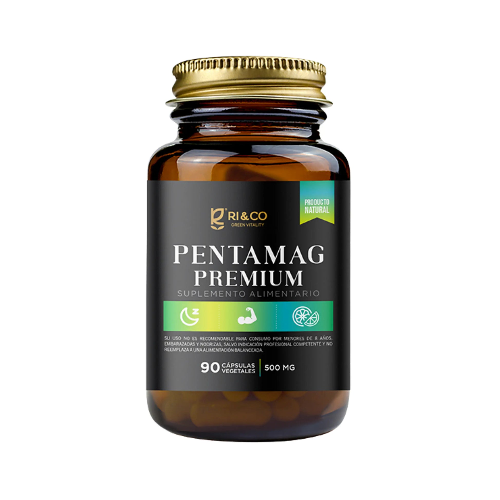 Frasco de suplemento alimenticio “Pentamag Premium” de Ri&Co Green Vitality. Contiene 90 cápsulas vegetales de 500 mg. Etiqueta en negro y verde con íconos de beneficios como salud muscular y relajación. Frasco ámbar con tapa metálica dorada, destaca como producto natural.