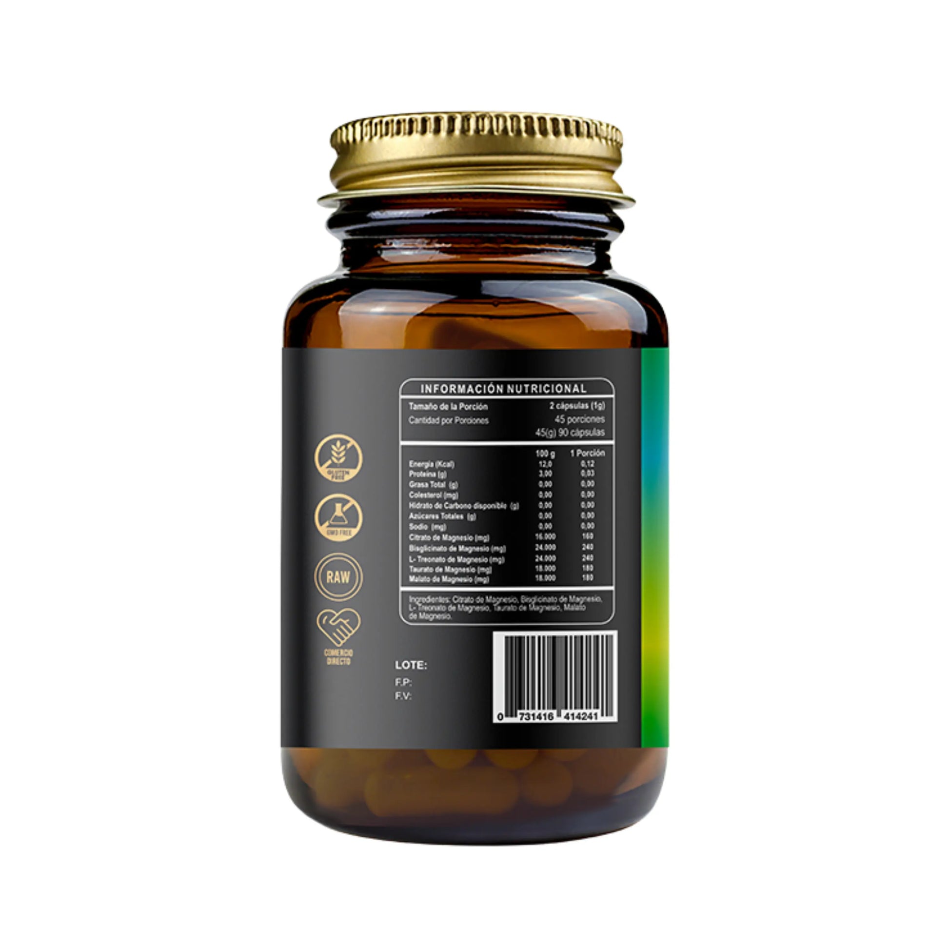 Parte trasera del frasco “Pentamag Premium” de Ri&Co Green Vitality, mostrando tabla de información nutricional. Contiene citrato, bisglicinato, L-treonato, taurato y malato de magnesio. Etiquetas laterales resaltan atributos: sin gluten, vegano, RAW y comercio directo. Frasco ámbar de 90 cápsulas vegetales.