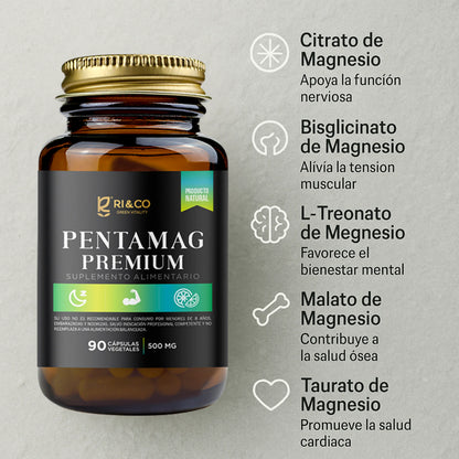 Frasco de suplemento “Pentamag Premium” de Ri&Co Green Vitality con 90 cápsulas vegetales de 500 mg. Imagen destaca sus 5 tipos de magnesio: citrato (función nerviosa), bisglicinato (tensión muscular), L-treonato (bienestar mental), malato (salud ósea) y taurato (salud cardíaca). Producto natural.