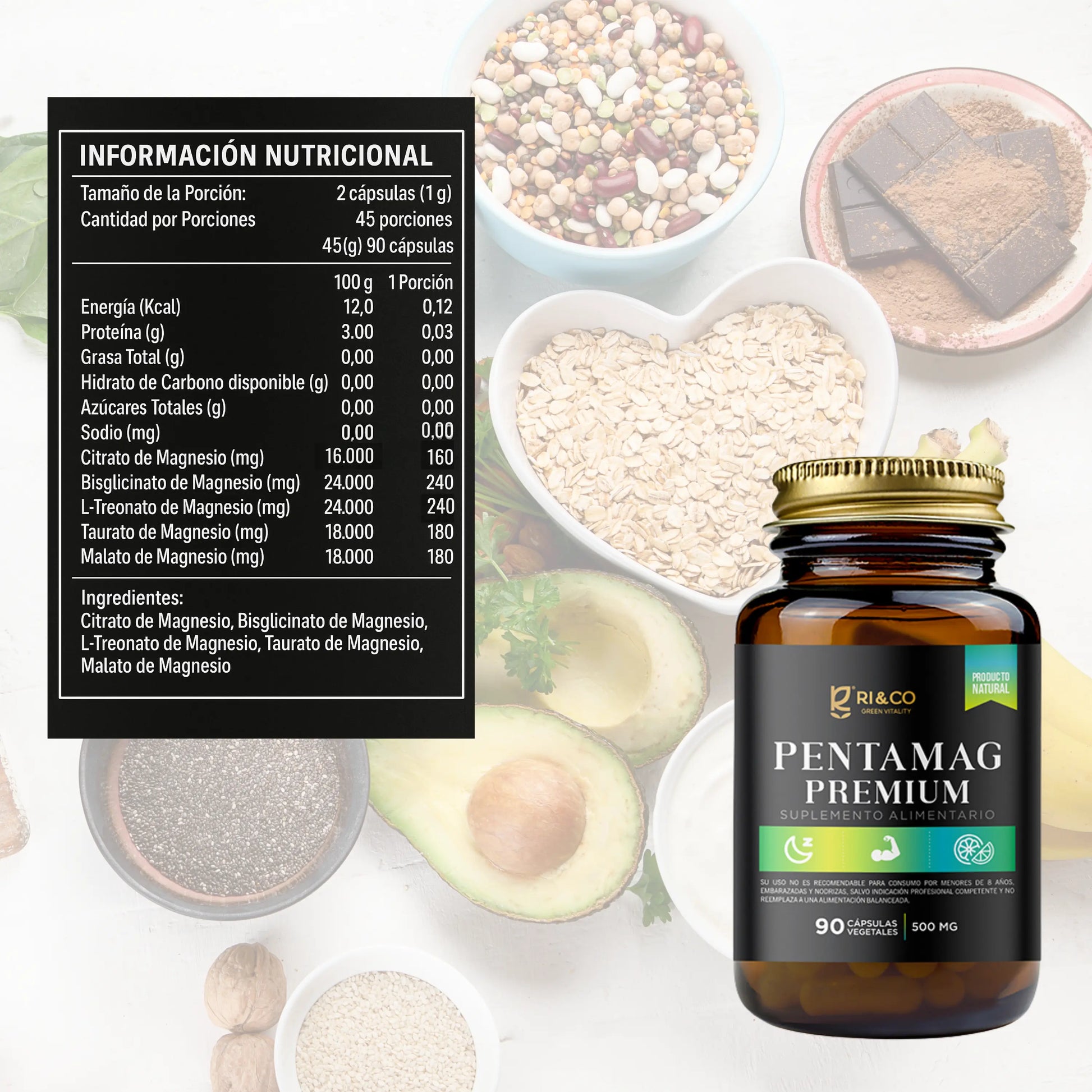 Frasco de suplemento “Pentamag Premium” de RI&CO, 90 cápsulas vegetales de 500 mg. Contiene 5 formas de magnesio: citrato, bisglicinato, L-treonato, taurato y malato. Incluye tabla nutricional detallada sobre fondo de alimentos naturales como aguacate, avena y cacao, destacando su formulación completa y natural.