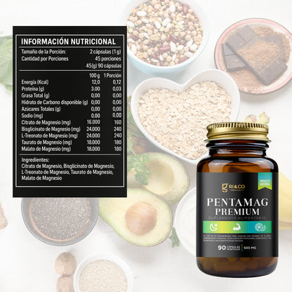 Frasco de suplemento “Pentamag Premium” de RI&CO, 90 cápsulas vegetales de 500 mg. Contiene 5 formas de magnesio: citrato, bisglicinato, L-treonato, taurato y malato. Incluye tabla nutricional detallada sobre fondo de alimentos naturales como aguacate, avena y cacao, destacando su formulación completa y natural.