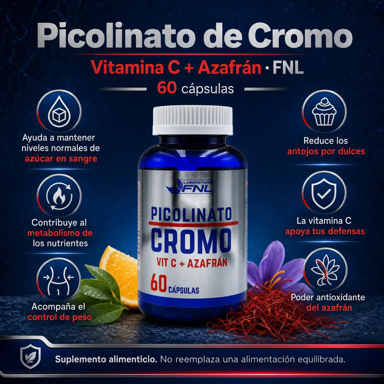 Infografía Picolinato de Cromo FNL 60 cápsulas con vitamina C y azafrán, control de peso