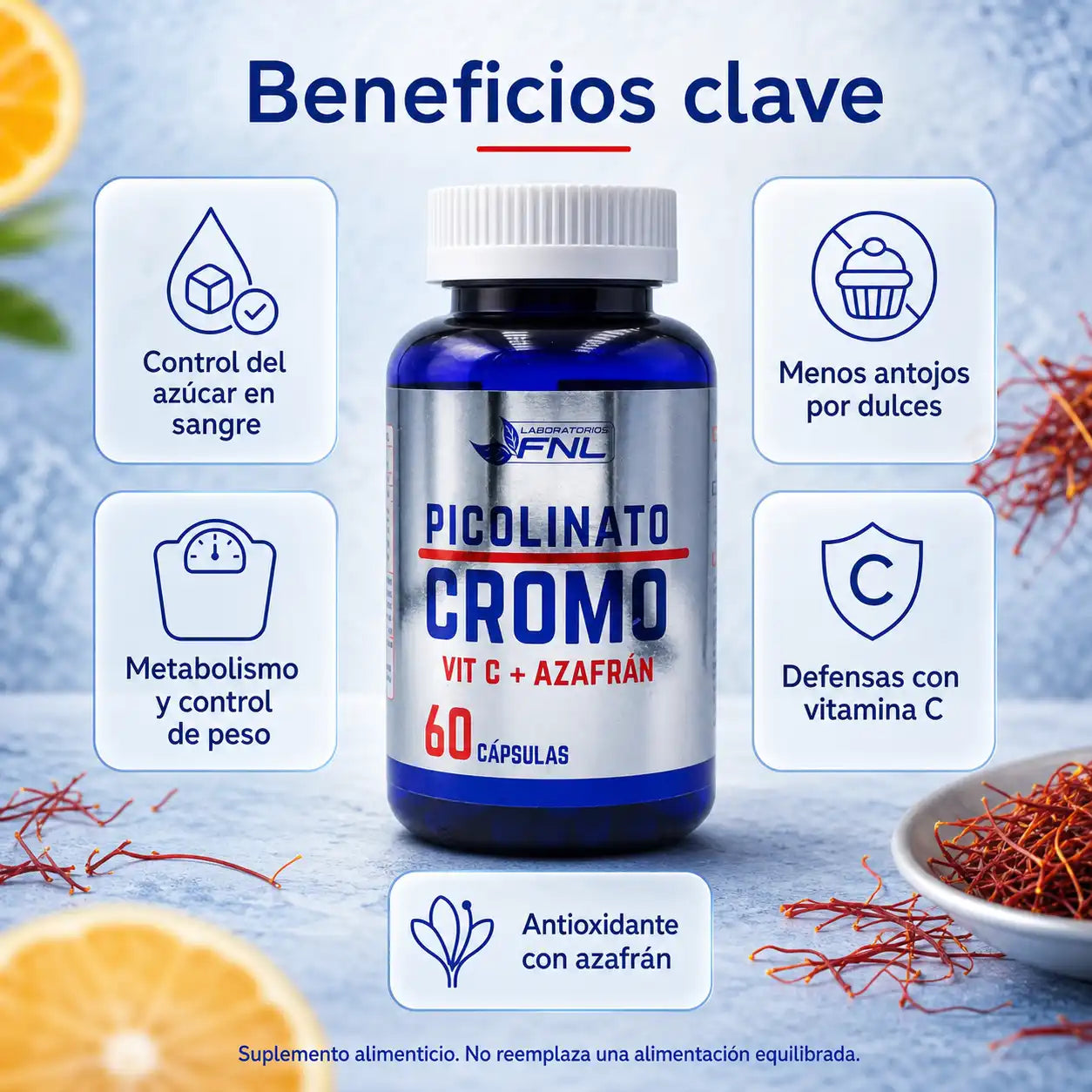Infografía beneficios Picolinato de Cromo FNL vitamina C y azafrán, control de peso