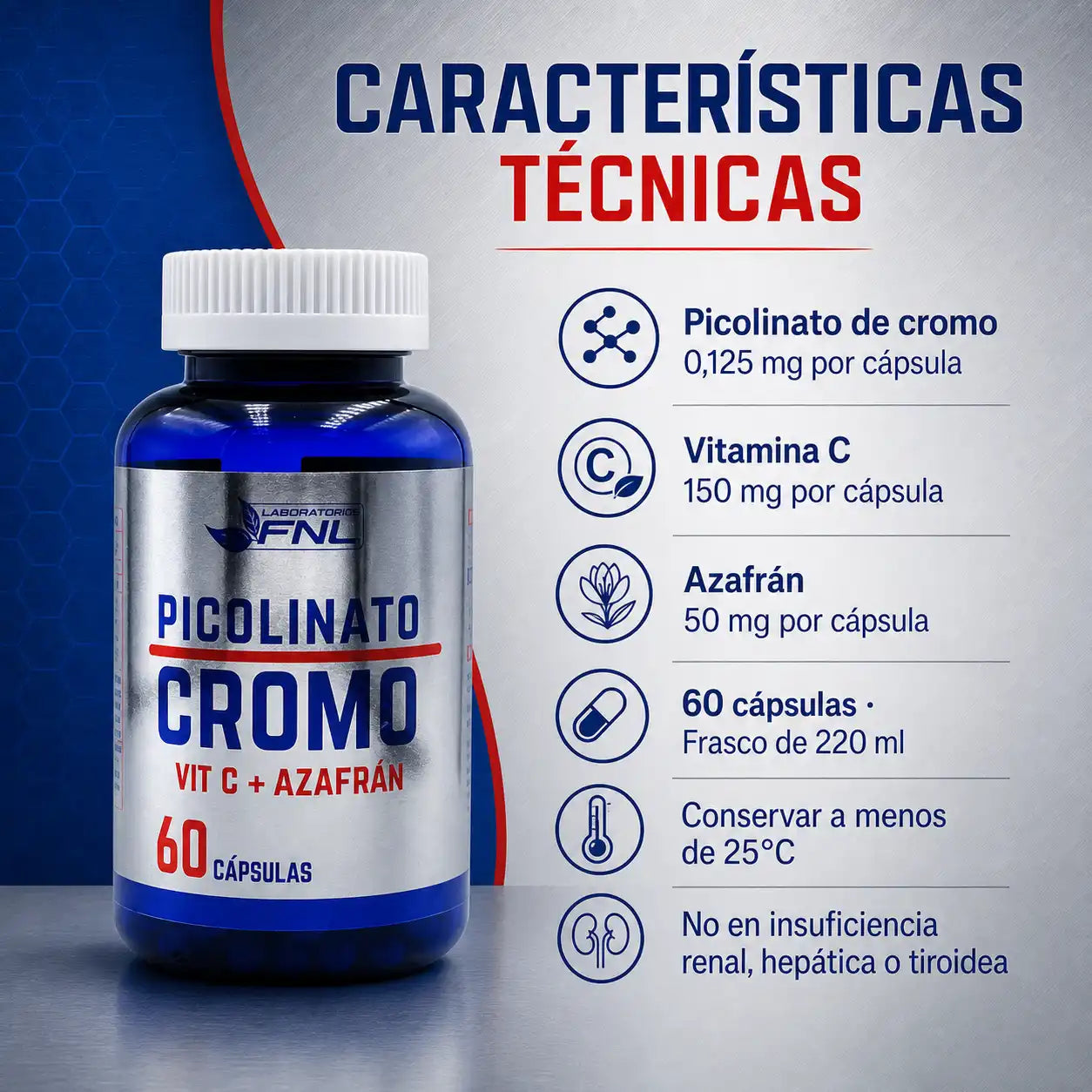 Infografía características técnicas Picolinato de Cromo FNL: cromo 0,125mg, vitamina C 150mg, azafrán 50mg