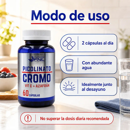nfografía modo de uso Picolinato de Cromo FNL: 2 cápsulas al día con agua, junto al desayuno, 60 cápsulas
