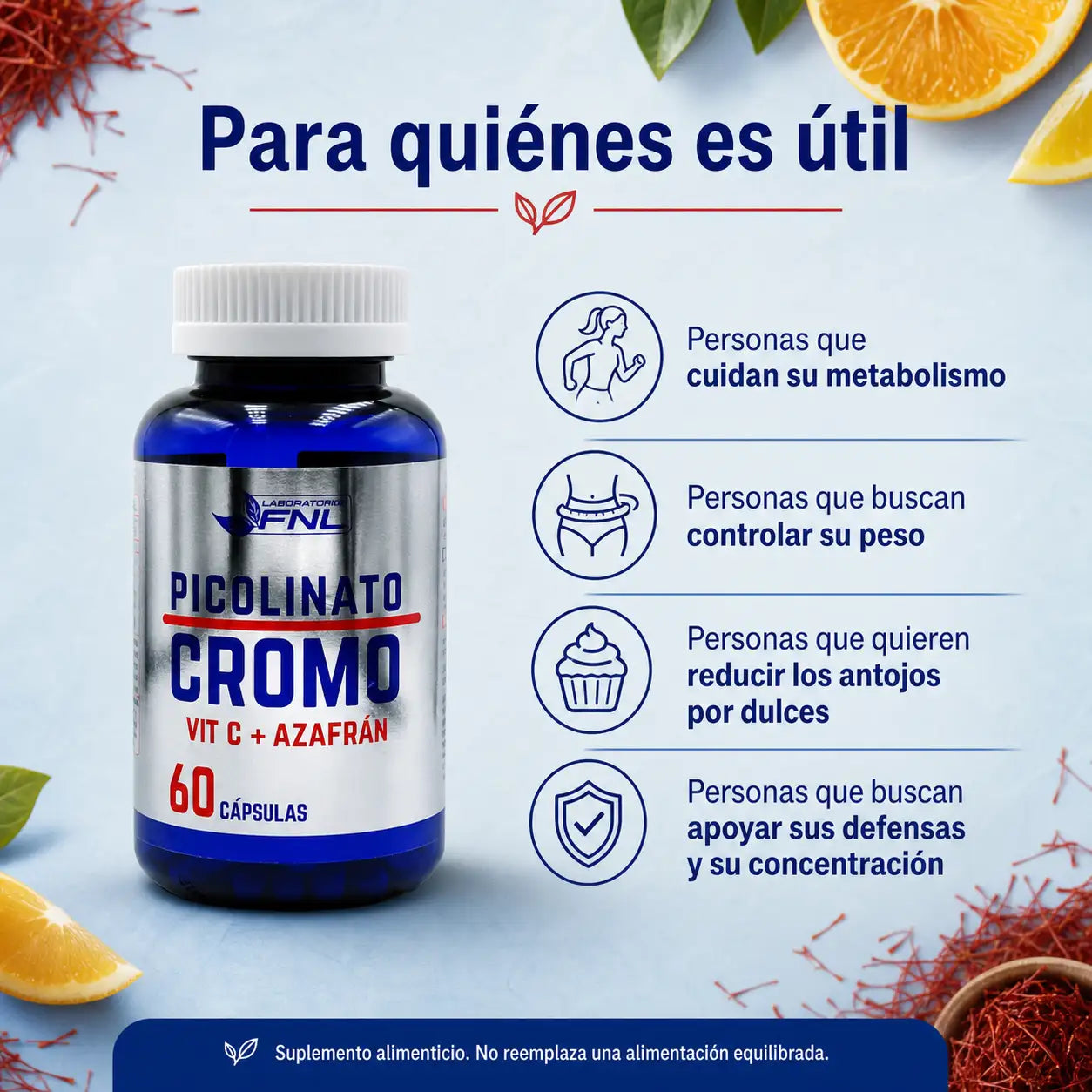 Infografía para quién es útil Picolinato de Cromo FNL vitamina C y azafrán, 60 cápsulas